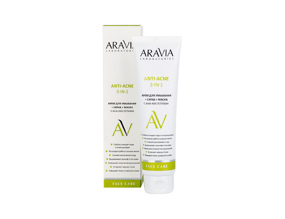 Aravia Laboratories Крем для умывания + скраб + маска с АНА-кислотами Anti-acne 3-in-1